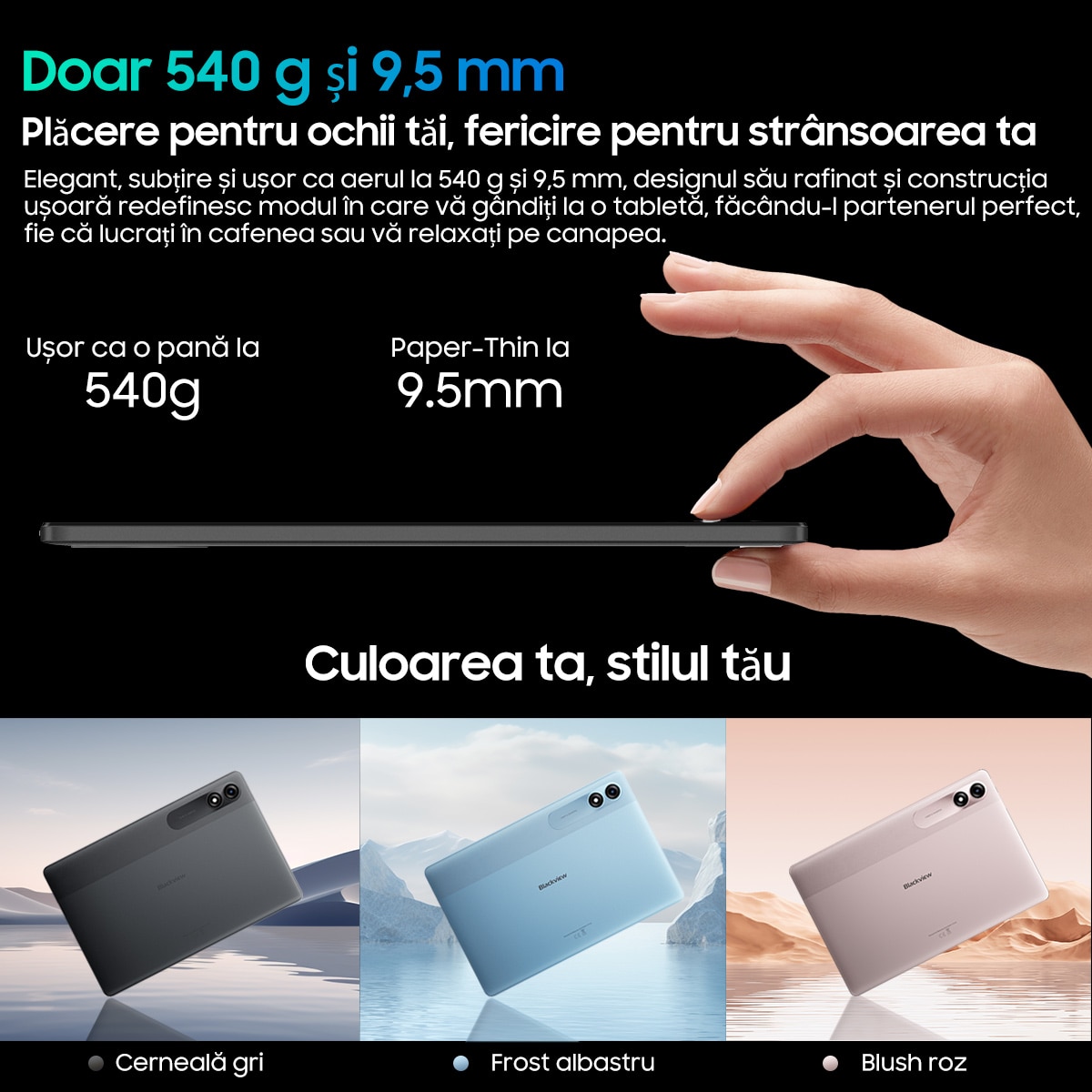 Tableta Blackview Tab 90 WiFi, 10.92 inch, 800x1280, 12GB Ram(4GB + 8GB extensibili 1TB), 128GB, Bluetooth 5.0, 60Hz, Android 14, 2.4G+5G, 8200mAh, Suport pentru pozitionarea GPS, Albastru