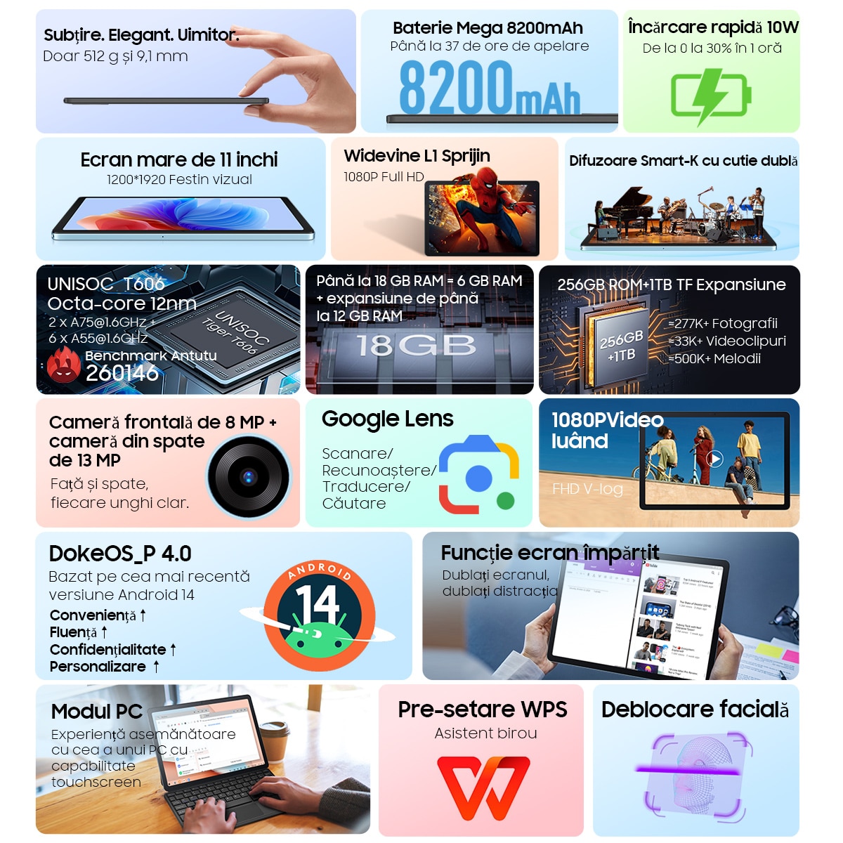 Tableta Blackview Tab 9 WiFi, 10.95 inch, Android 15, WiFi, 1200×1920, 18GB Ram(6GB + 12GB extensibili), 256GB ROM, 8MP+5MP, Expandabil 1TB, 8200mAh, Calendar, Calculator, Ceas cu alarma, Gri
