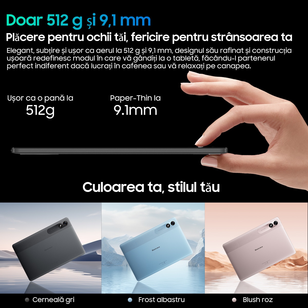 Tableta Blackview Tab 9 WiFi, 10.95 inch, Android 15, WiFi, 1200×1920, 18GB Ram(6GB + 12GB extensibili), 256GB ROM, 8MP+5MP, Expandabil 1TB, 8200mAh, Calendar, Calculator, Ceas cu alarma, Gri