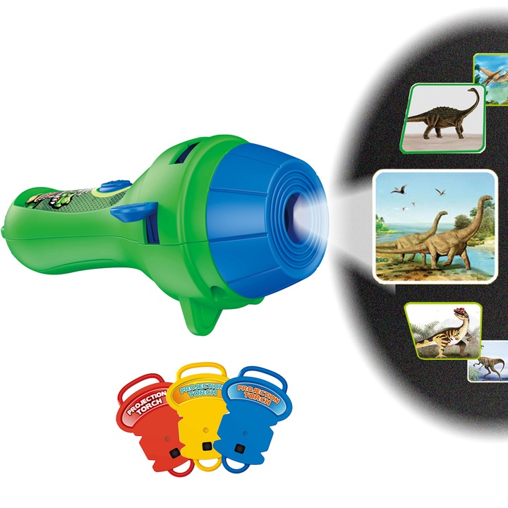 Lanterna proiector pentru copii, 24 imagini, teme dinozauri, verde, 14.5x6.8x6.2cm