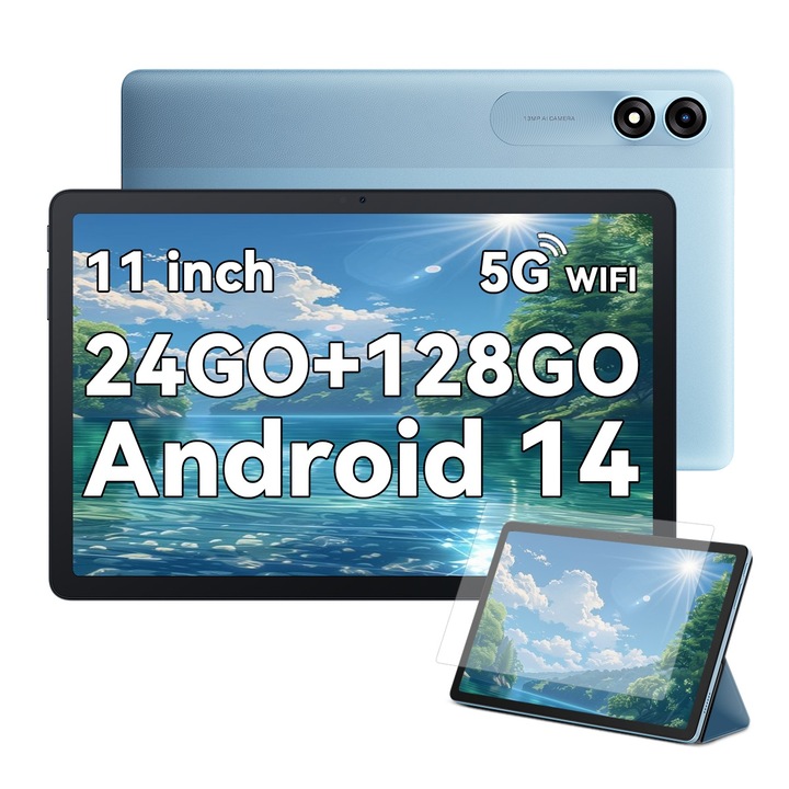 Таблет Blackview Tab 90, 10.918 инча, Android 14, WiFi, две SIM карти, 24GB Ram (8GB + 16GB разширяема), 128GB ROM, разширяема 1TB, 8200mAh, календар, калкулатор, будилник, Blue Ghost