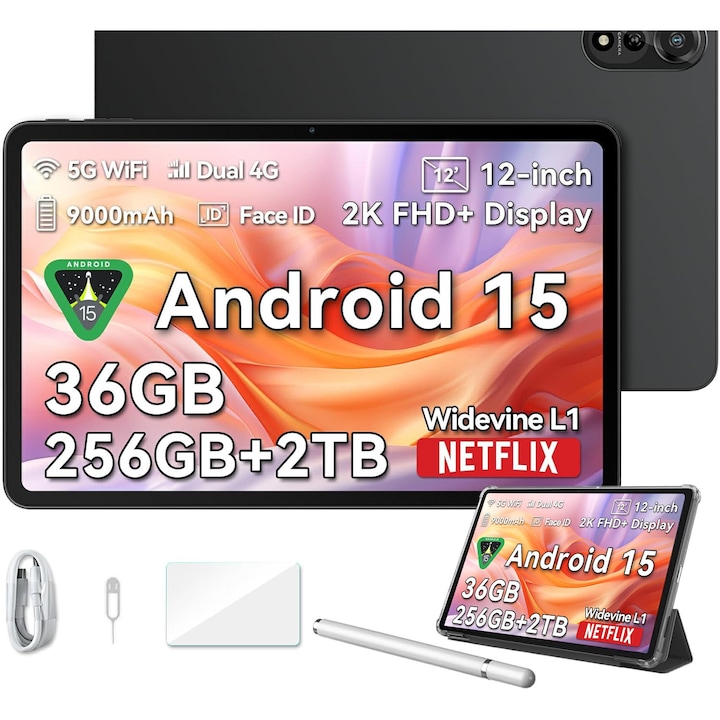 Таблет Blackview MEGA 2, 11.97 инча, Android 15, 2.4GHz+5GHz, WiFi 6, 36GB Ram (12GB + 24GB разширяема), 1200×2000, 256GB ROM, разширяема 2TB, 5100mAh, сив