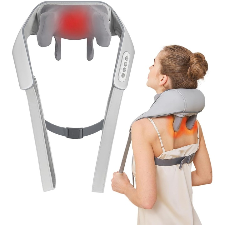 Velixo® Hands-Free цервикален масажор, за мускулна релаксация, 5D шиацу масажна ролка, която имитира човешки масаж, функция за нагряване, намалява стреса и умората, облекчава болката във врата, раменете, гърба и краката, регулируем интензитет, сив