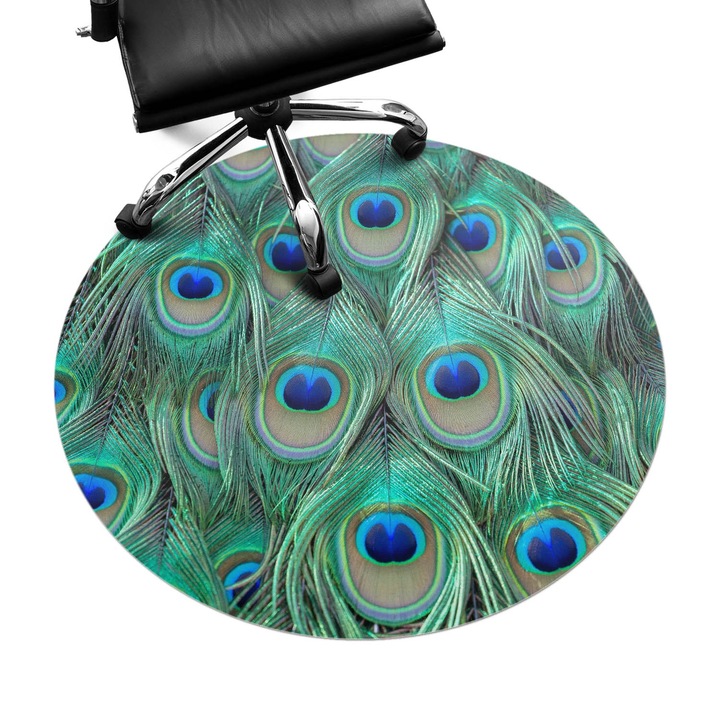 Covoras pentru protectie pardosea, Wallfluent, Model cu pene de paun, Turcoaz, fi100 cm, 010250310040000282820