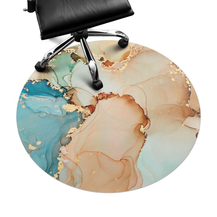 Irodai szék szőnyeg, Wallfluent, Absztrakt akvarell, Türkiz, fi100 cm, 010250310040000282554