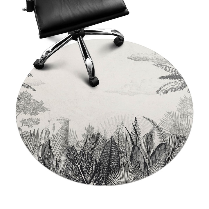 Padlóvédő székalátét, Wallfluent, Trópusi illusztráció, Fekete és fehér, fi100 cm, 010250310040000282752