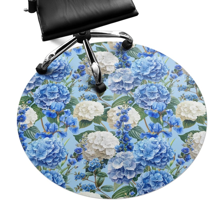 Covoras pentru protectie pardosea, Wallfluent, Model floral de hortensie, Albastru, fi100 cm, 010250310040000282792