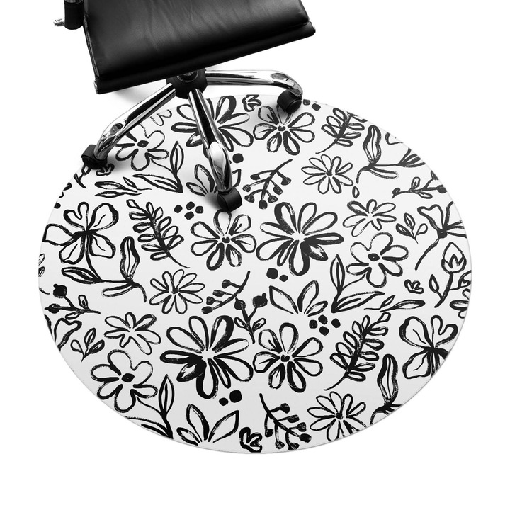 Szék szőnyeg, Wallfluent, Virágos vázlat, Fekete és fehér, fi100 cm, 010250310040000282537