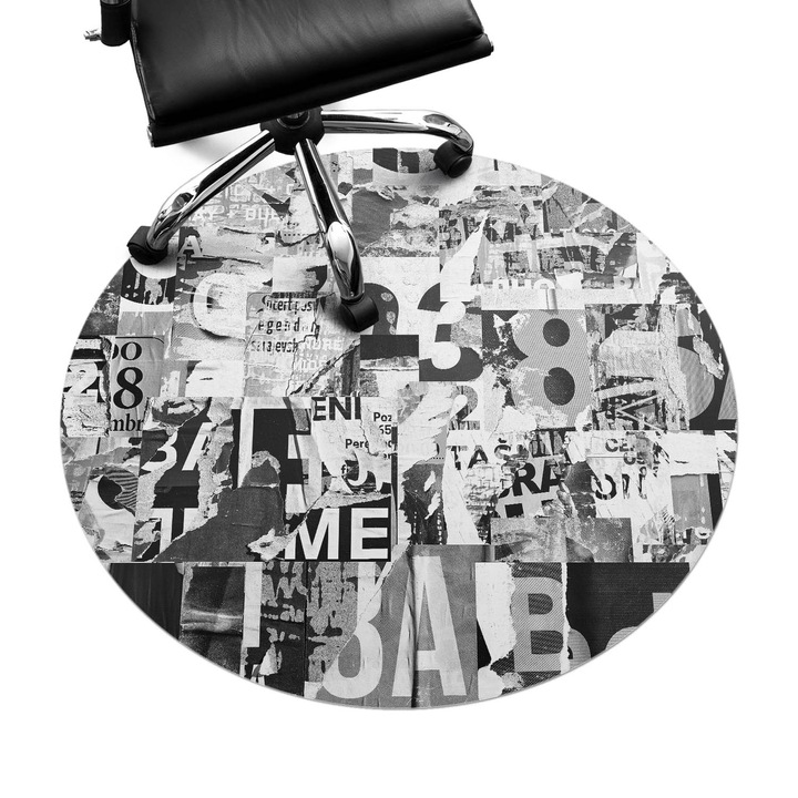 Irodai szék szőnyeg, Wallfluent, Betűk és számok kollázsa, Fekete és fehér, fi100 cm, 010250310040000282852