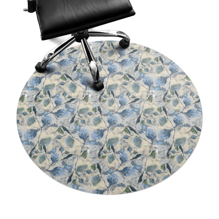 Protectie podea scaun birou, Wallfluent, Acuarela frunze, Albastru, fi100 cm, 010250310040000282716