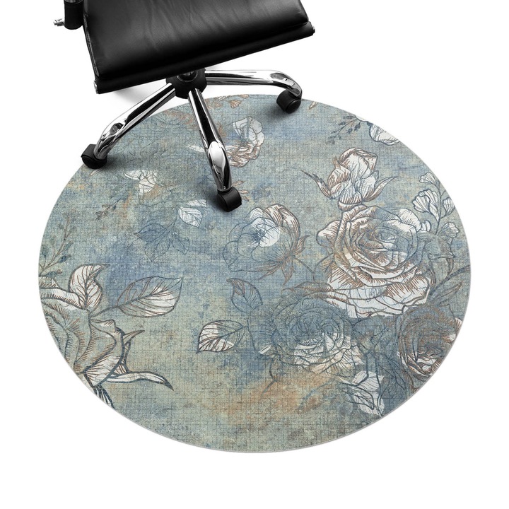 Szék alátét szőnyeg, Wallfluent, Vintage virágmintás, Kék, fi100 cm, 010250310040000282775