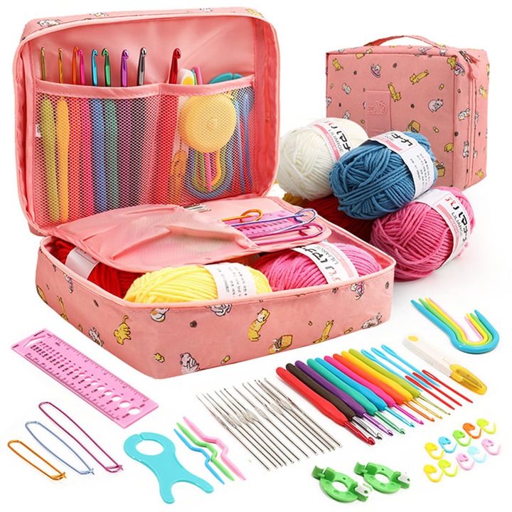 Set de crosetat, Multicolor, kit crosetat incepatori si avansati, Cu geanta depozitare, crosete diverse dimensiuni, Este pentru bunica, sotia si familia cadou perfect