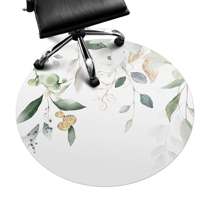 Protectie podea scaun birou, Wallfluent, Compozitie acuarela de frunze, Verde, fi100 cm, 010250310040000088422