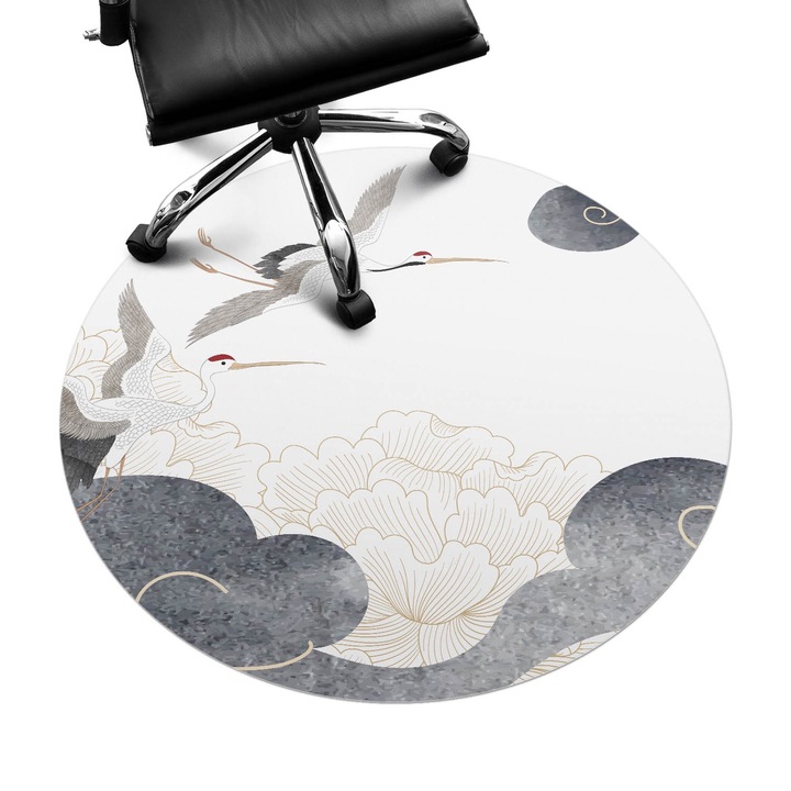 Irodai szék szőnyeg, Wallfluent, Daruk és felhők, Fehér, fi100 cm, 010250310040000282774