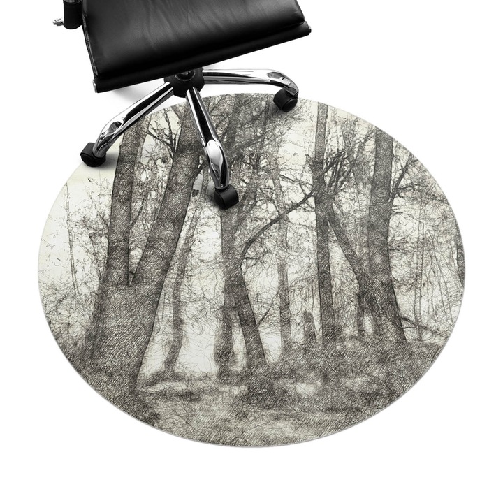 Protectie podea scaun birou, Wallfluent, Schita de padure in sepia, Multicolor, fi100 cm, 010250310040000282787