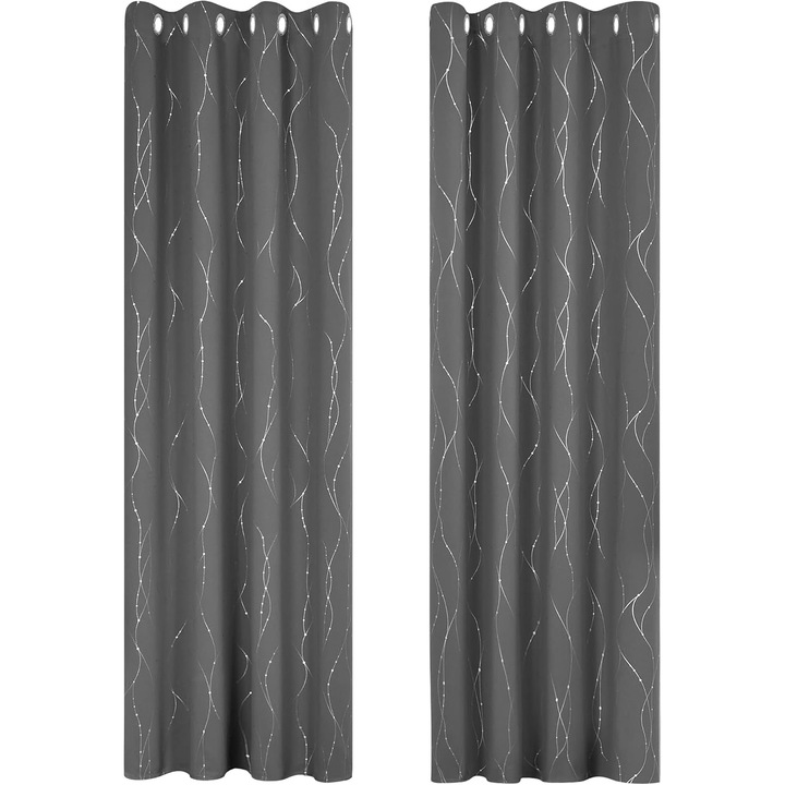 Deconovo hőszigetelt sötétítő függöny szett 2 db, gyűrűs rögzítés, pontozott vonalminta, szürke, 117 x 229 cm