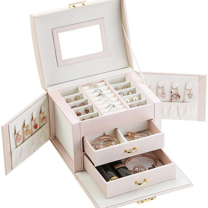 Cutie de bijuterii cu cheita, RorAem, Cutie de bijuterii, Forma de fluture, 3 nivele, lantisoare, bratari, material catifelat, spatiu de depozitare pentru inele, piele ecologica, 17.5 x 13.5 x 12 cm, eleganta, design rafinat si simplu, Roz