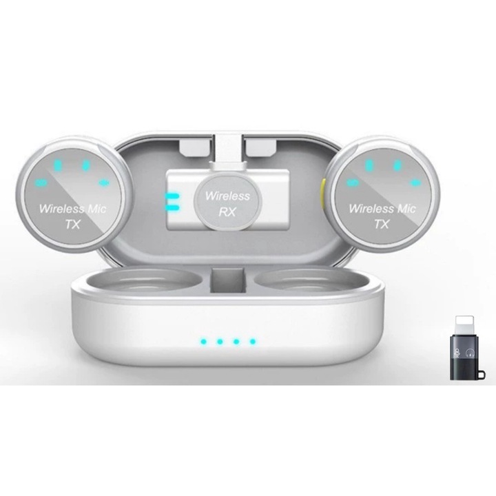 2 db vezeték nélküli csíptetős mikrofon szett, GOSTOCK®, 360º-os mindenirányú hangzás, mágneses védő- és töltőtok kijelzővel, Android és Apple IOS adapter, 50 m aktív térerő, plug and play, természetes fehér