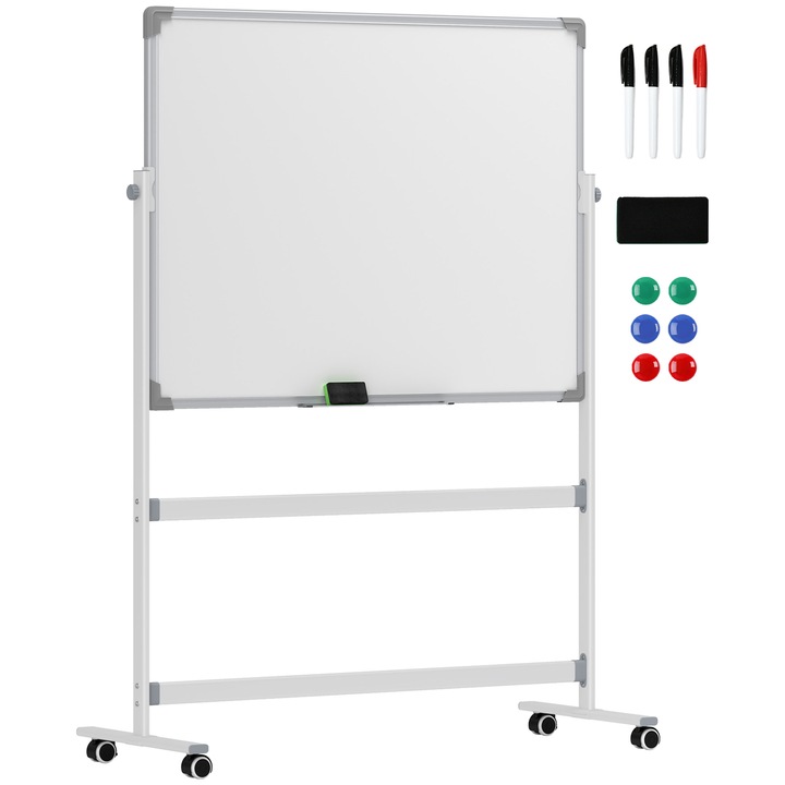 Tabla alba magnetica dubla, HOMCOM 120x90cm, rotativa la 360° cu stergere uscata, 3 niveluri reglabile cu roti, radiera, markere, magneti si tava pentru acasa, birou, scoala