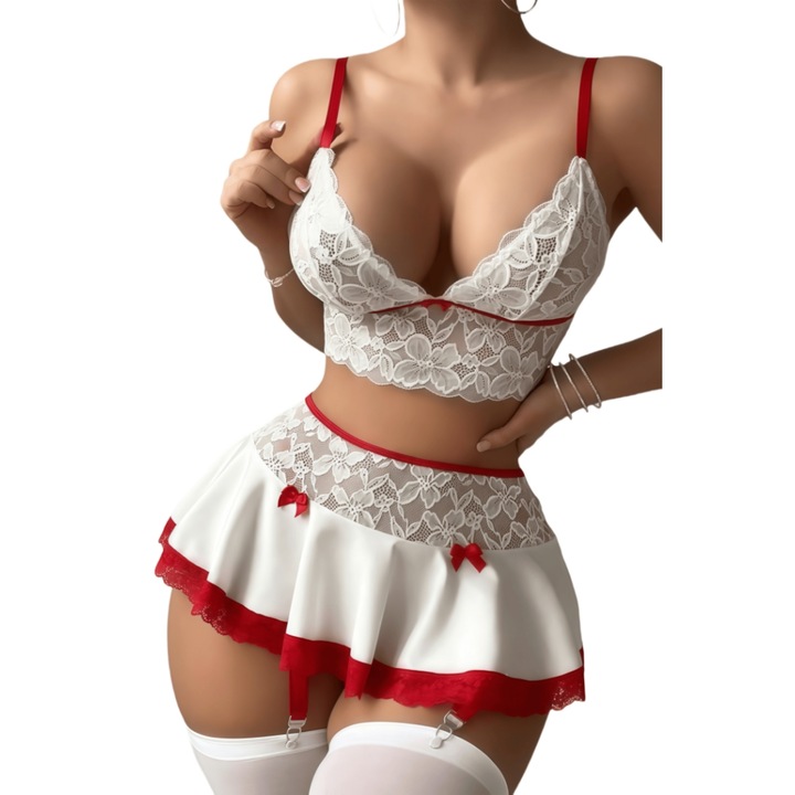 Costum sexy din dantela cu ciorapi, Rosu si alb, Poliester, Marimea M