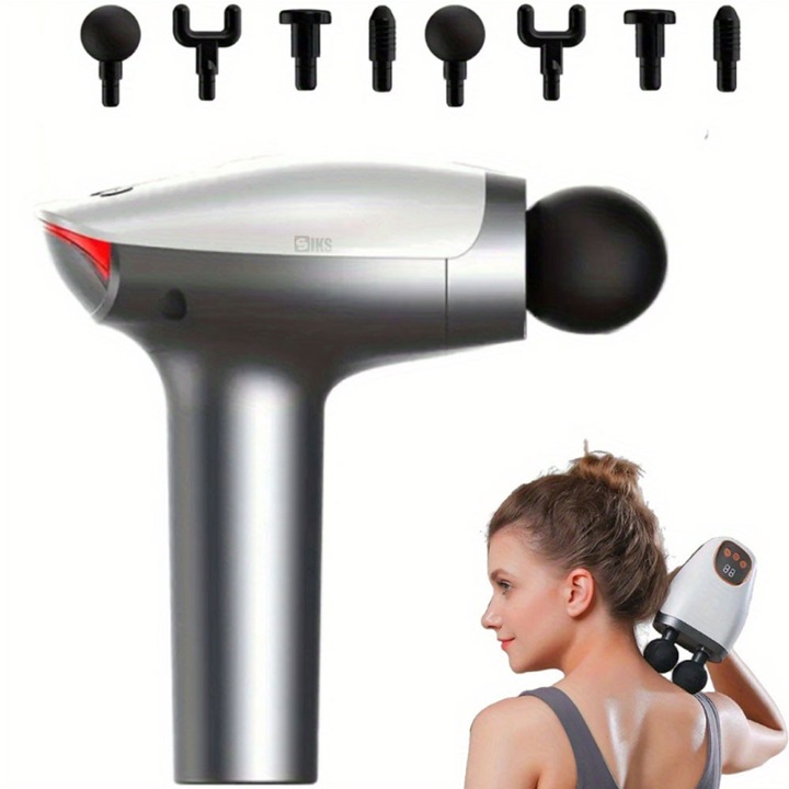 SIKS professzionális masszázskészülék, masszírozó pisztoly 2 mini pisztolyfejjel, 4 cserélhető fejjel, 10 állítható sebességgel, csendes kefe nélküli motorral, 3400 ütés percenként, 1500 mAh akkumulátorral, hosszú működési idővel, fehér/fekete/szürke