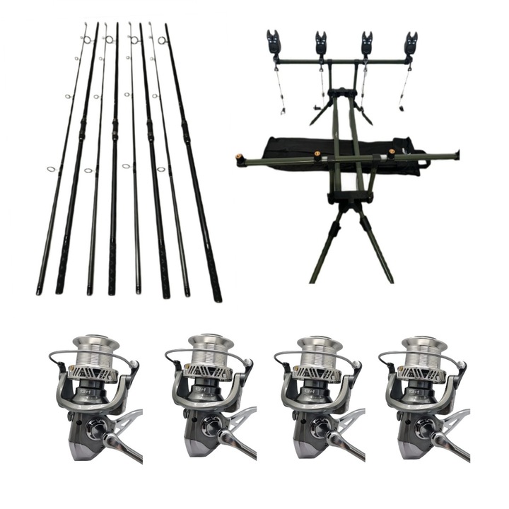 Set 4 Lansete Carbon 3, 90m, 2 Segm, 4 Mulinete Tambur 10.000, Rod Pod, Senzori, Swingere + 4 Role Fir