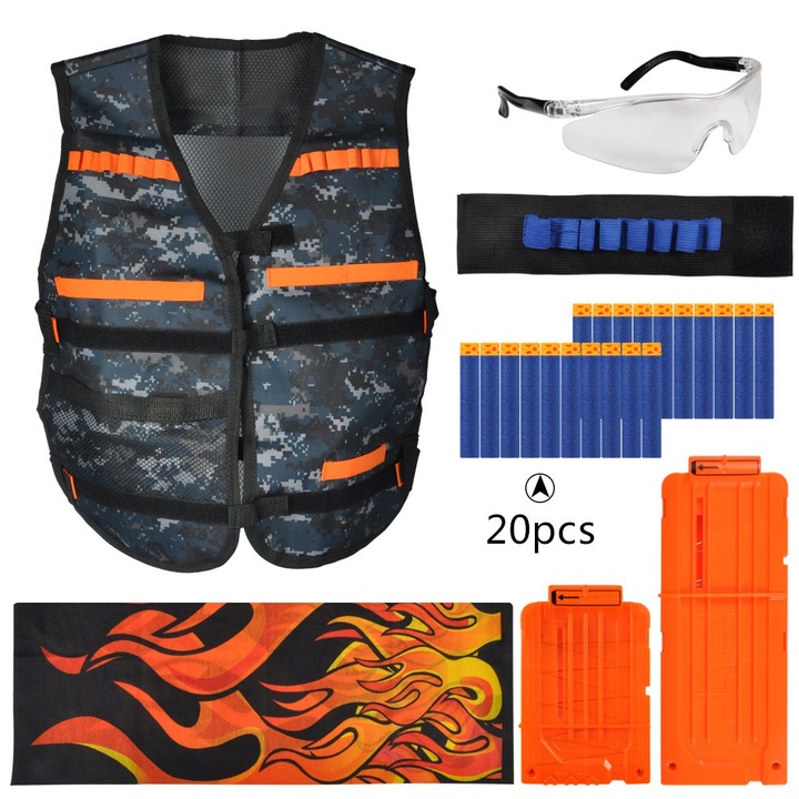 Vest cu bile moi, Enforose, camuflaj, set cu ochelari de protectie si masca, pentru copii 7-14 ani
