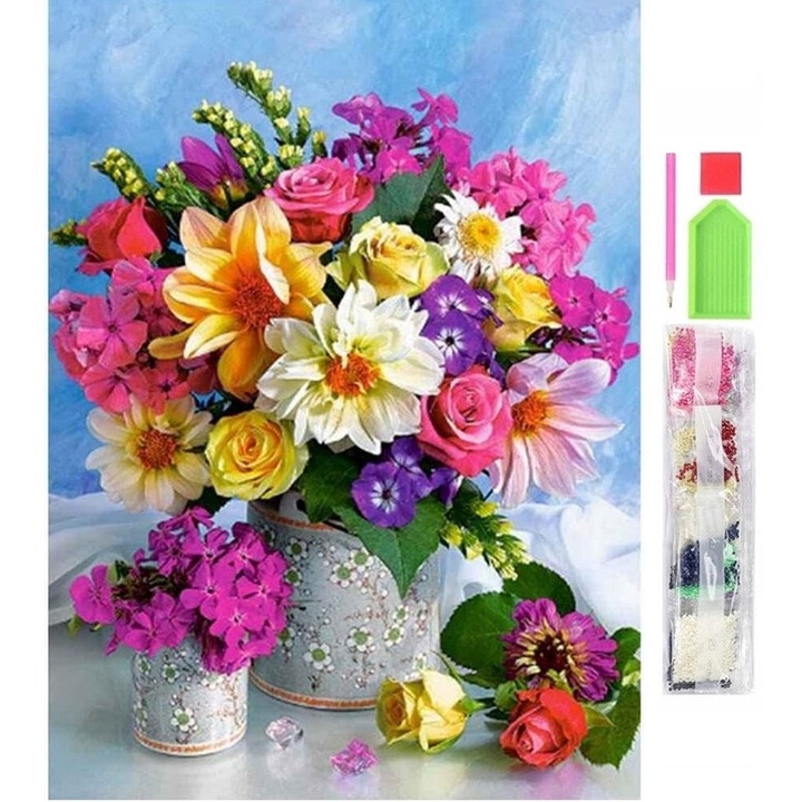 Set de broderie cu diamante 5D, model Buchet de flori, 30x40 cm, accesorii incluse, multicolor