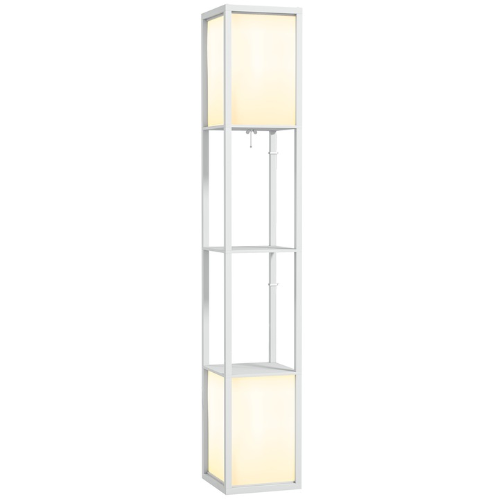 Lampa de podea moderna cu 2 abajururi si 2 rafturi, HOMCOM Lampa de podea cu comutator de picior pentru becuri LED E27, pentru sufragerie, dormitor si birou, 26x26x156 cm, alb