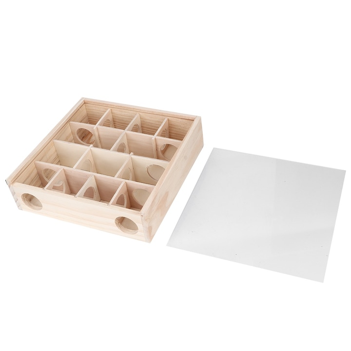 Jucarie pentru hamster, Enforose, labirint din lemn natural cu sticla acrilica, 16 intrari, 25x25x7cm