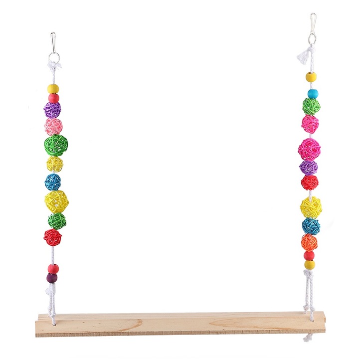 Дървена люлка за птици, Enforose, с декоративни топки, 52x9x9см, за пилета и папагали