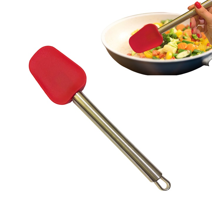 Spatula Bucatarie, din Silicon cu Maner din Fier, Rezistenta la caldura, fara BPA, 27 x 6 cm, Rosu