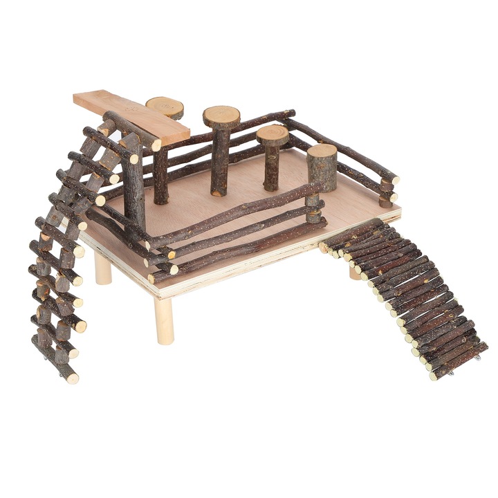 Loc de joaca pentru animale mici, Enforose, din lemn de mere, set cu platforme si scari, 1066g