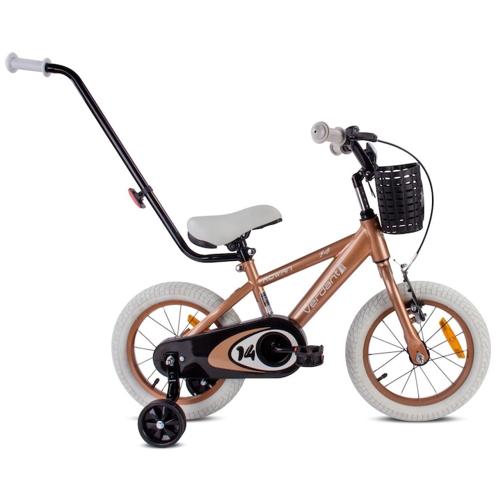 Bicicleta pentru baieti, Sun Baby, Verdant Rowan, 14 inch, 3-5 ani, torpedo, cadru din otel, cu maner de impins, roti ajutatoare, cosulet, cappuccino