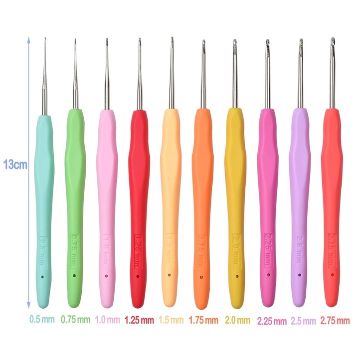 Set de 10 crosete din otel, multicolore, cu maner siliconic, 0,5mm-2,75mm, 13 cm lungime