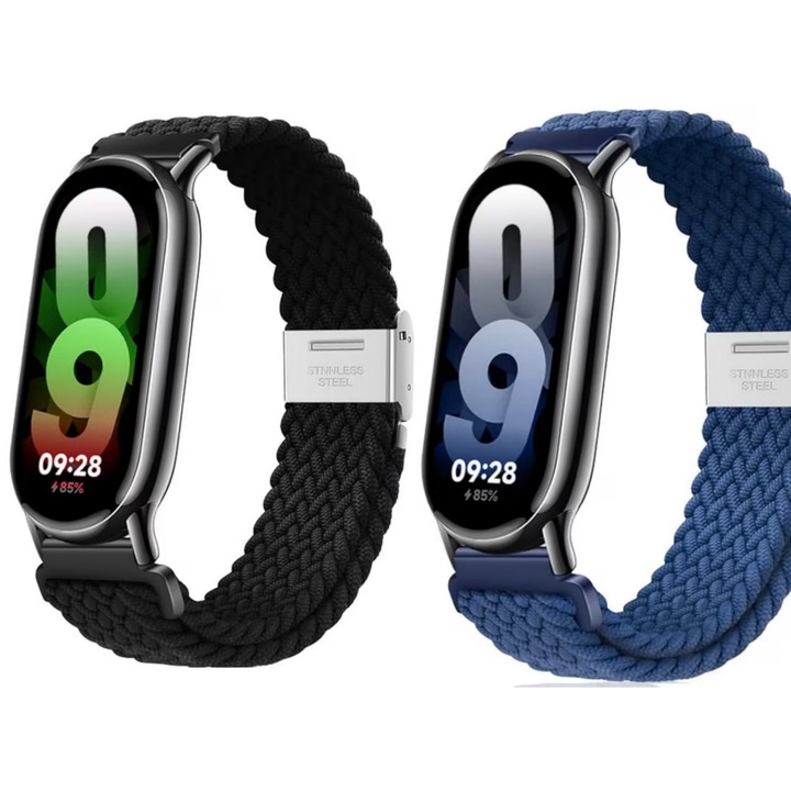 Комплект от 2 каишки за фитнес гривни, съвместими с xiaomi mi band 8, еластични найлонови каишки, с метални закопчалки, Vanaxalife®, черно/синьо
