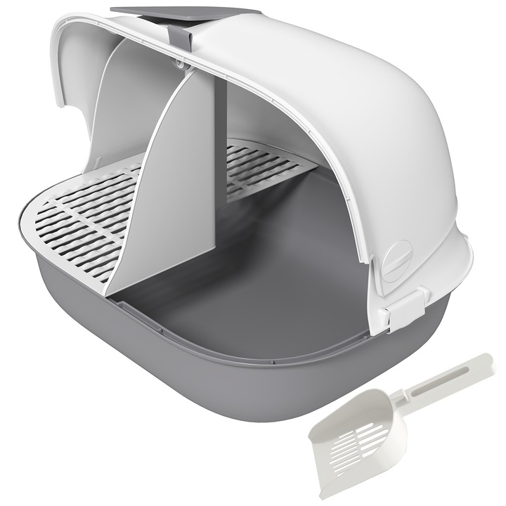 Litiera pentru pisici PawHut cu capac si lingurita, cutie de gunoi acoperita cu usa din PP, 58x46x39 cm, gri deschis si alb