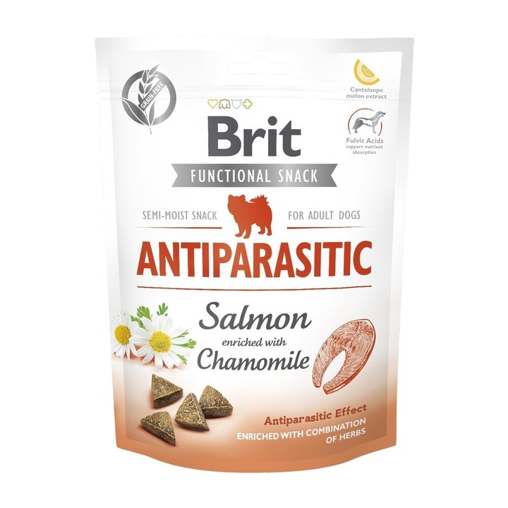 Snack antiparazitar pentru caini Brit Care, cu somon, 150g, fara cereale, bogat in proteine
