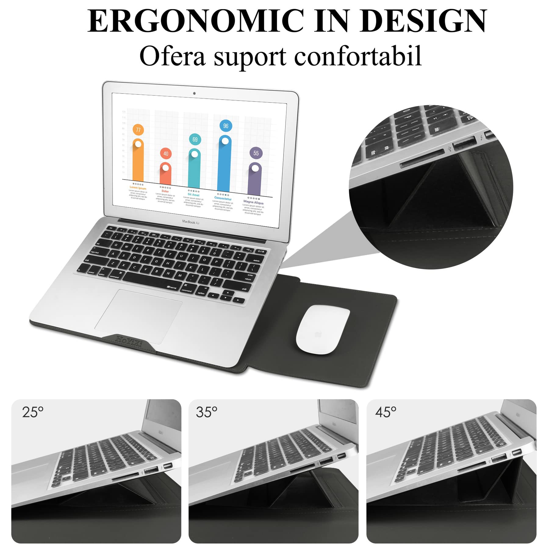 Husa Laptop 15-16 inch, 4 in 1 cu foldable stand, compatibila cu MacBook Air, MacBook Pro, Piele Ecologica, Marime Universala, 28 x 38 cm, Gri