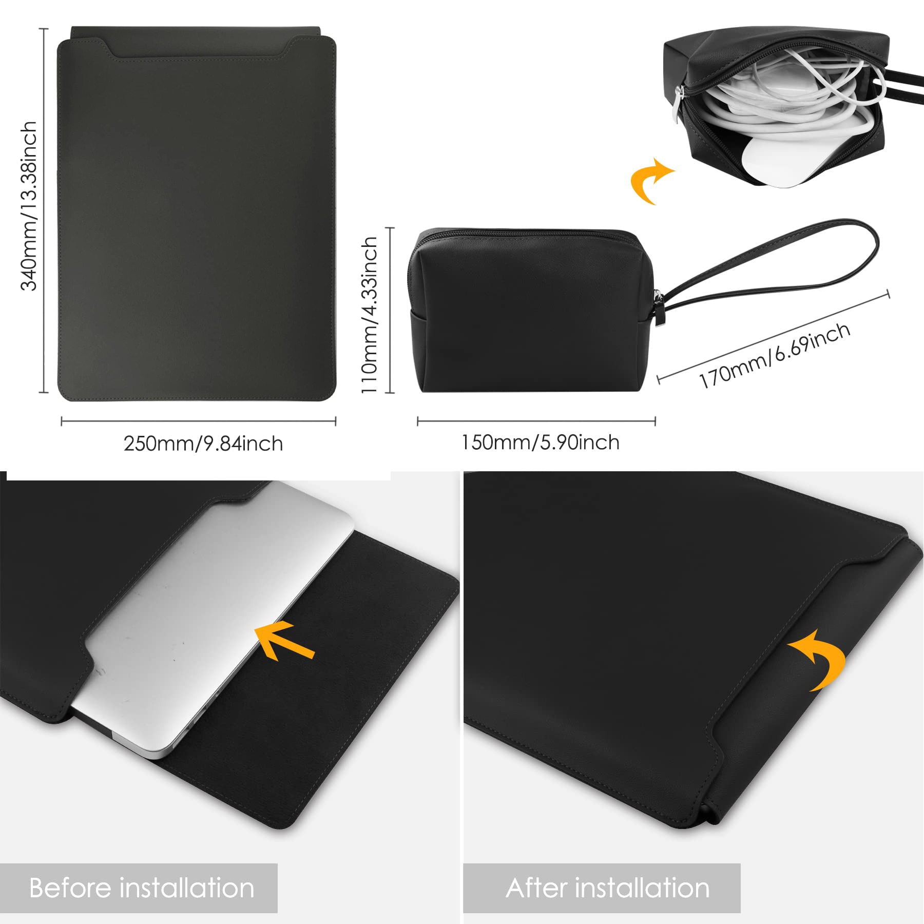 Husa Laptop 13-14 inch compatibila cu MacBook Air, MacBook Pro, Piele Ecologica, Marime Universala, 25 x 34 cm, Gri