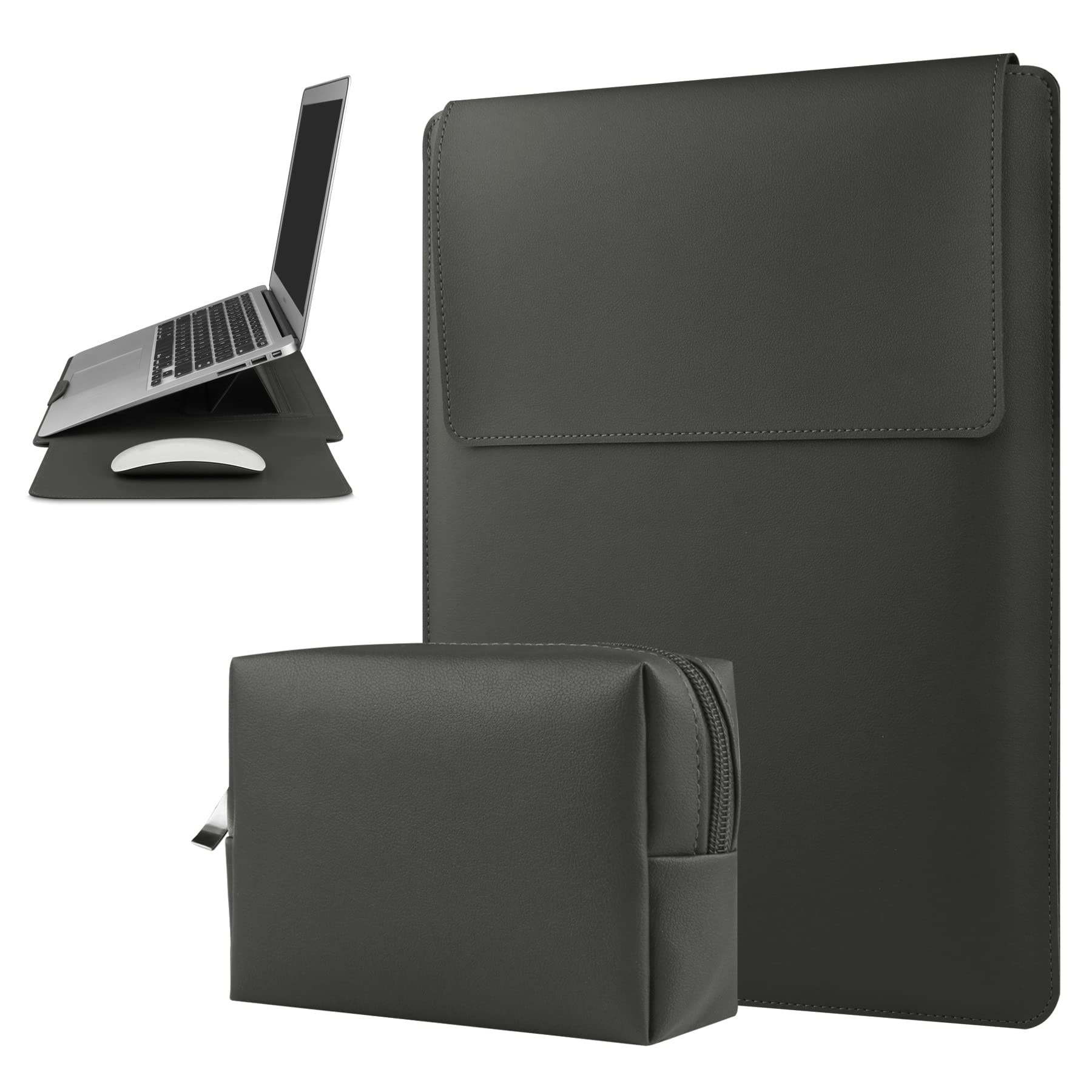 Husa Laptop 15-16 inch, 4 in 1 cu foldable stand, compatibila cu MacBook Air, MacBook Pro, Piele Ecologica, Marime Universala, 28 x 38 cm, Gri