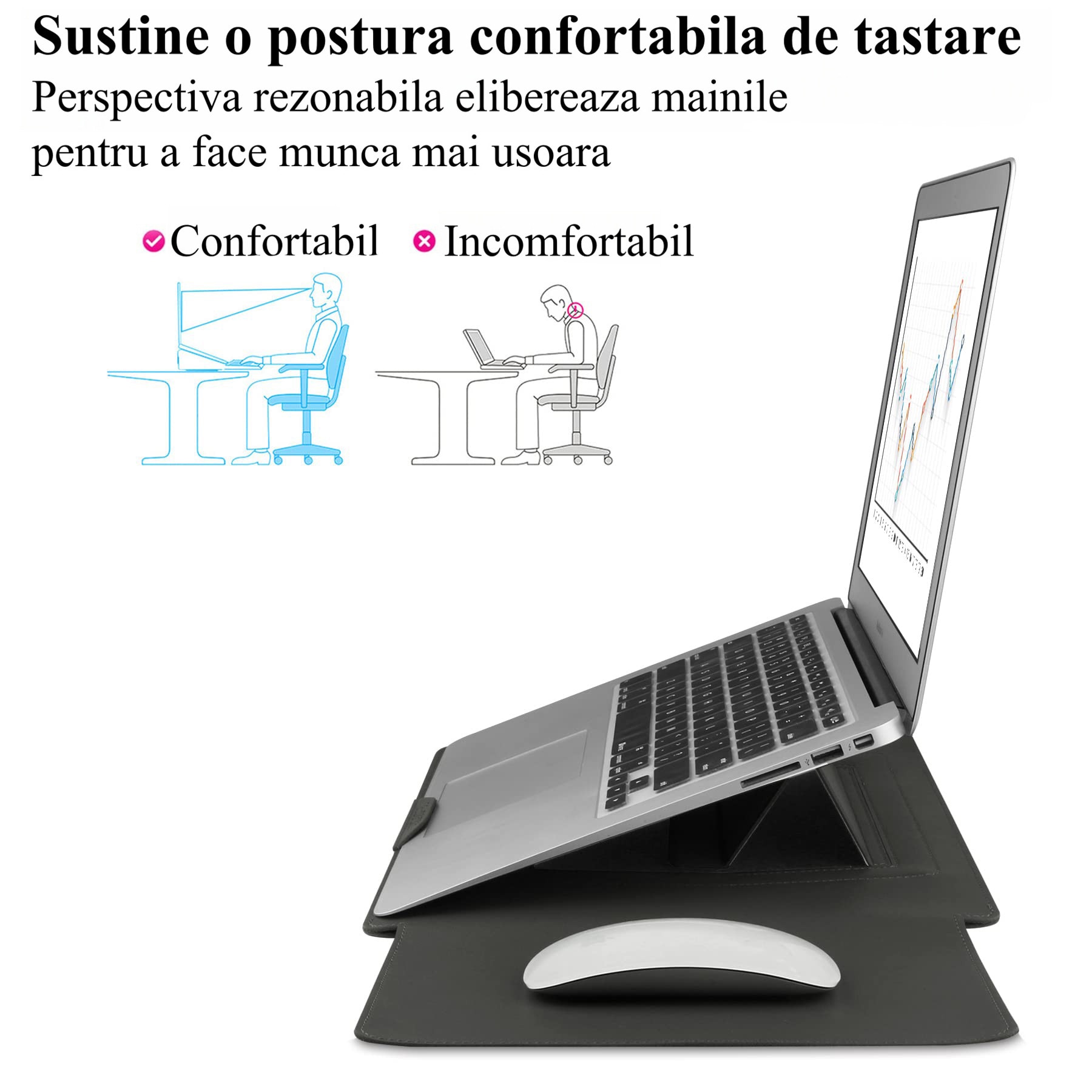 Husa Laptop 15-16 inch, 4 in 1 cu foldable stand, compatibila cu MacBook Air, MacBook Pro, Piele Ecologica, Marime Universala, 28 x 38 cm, Gri