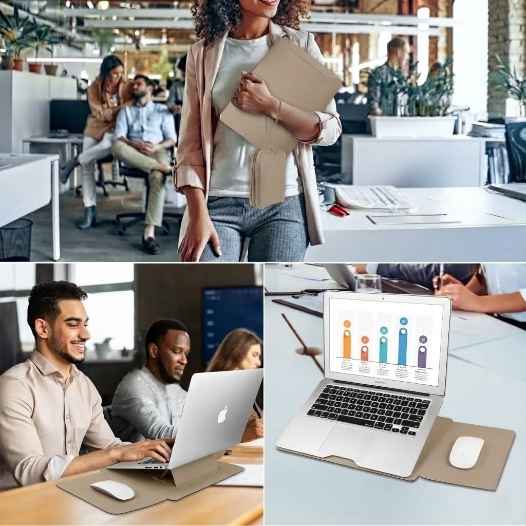 Husa Laptop 15-16 inch, oein, 4 in 1 cu foldable stand, oein®, compatibila cu MacBook Air, MacBook Pro, Piele Ecologica, Marime Universala, 28 x 38 cm, Kaki
