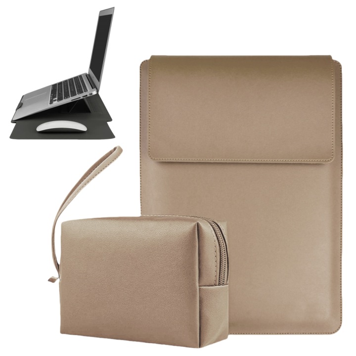 Калъф за лаптоп 13-14 инча, съвместим с MacBook Air, MacBook Pro, Еко кожа, Универсален размер, 25 x 34 см, Каки