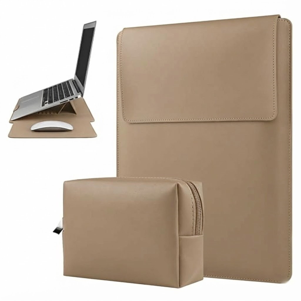 Husa Laptop 15-16 inch, oein, 4 in 1 cu foldable stand, oein®, compatibila cu MacBook Air, MacBook Pro, Piele Ecologica, Marime Universala, 28 x 38 cm, Kaki