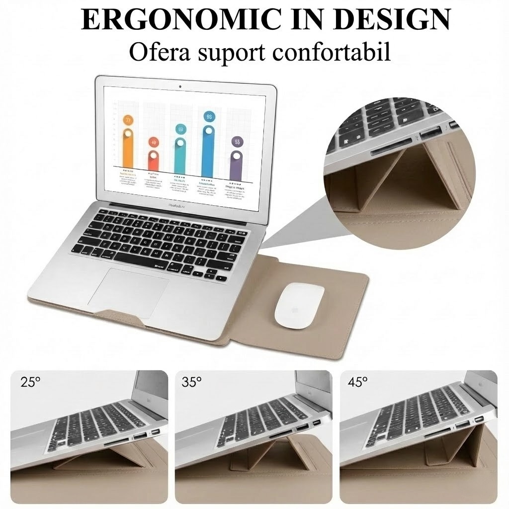 Husa Laptop 15-16 inch, oein, 4 in 1 cu foldable stand, oein®, compatibila cu MacBook Air, MacBook Pro, Piele Ecologica, Marime Universala, 28 x 38 cm, Kaki
