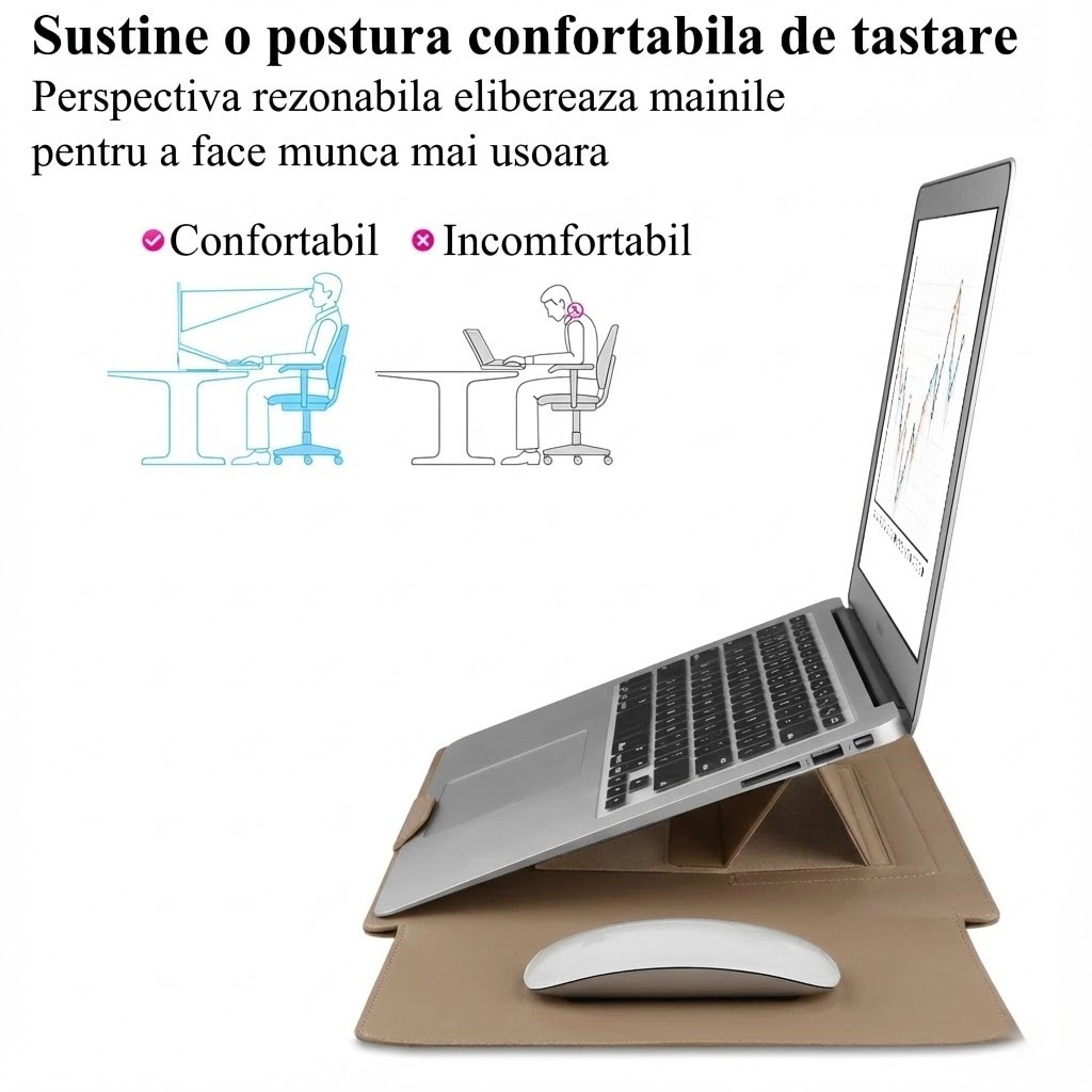 Husa Laptop 15-16 inch, oein, 4 in 1 cu foldable stand, oein®, compatibila cu MacBook Air, MacBook Pro, Piele Ecologica, Marime Universala, 28 x 38 cm, Kaki