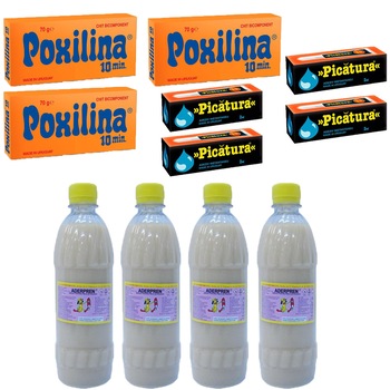 Pachet - 4 x Lipici pentru piele si cauciuc, Prenadez Aderpren, 500ml + 4 x Lipici lichid Picatura, 2ml + 3 x Poxilina, 70g Pachet - 4 x Lipici pentru piele si cauciuc, Prenadez Aderpren, 500ml + 4 x Lipici lichid Picatura, 2ml + 3 x Poxilina, 70g