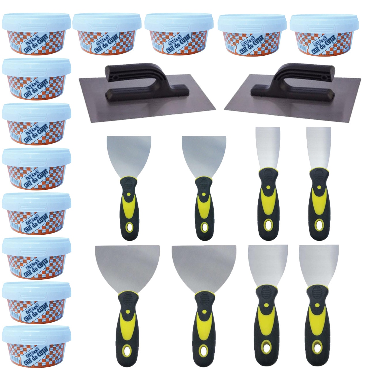 Pachet - 12 x Aneli chit de cutit, 200g + 2 x Drisca/Gletiera dreapta + 2 x Spaclu, 5cm + 2 x Spaclu, 7.5cm + 2 x Spaclu, 10cm + 2 x Spaclu, 12.5cm