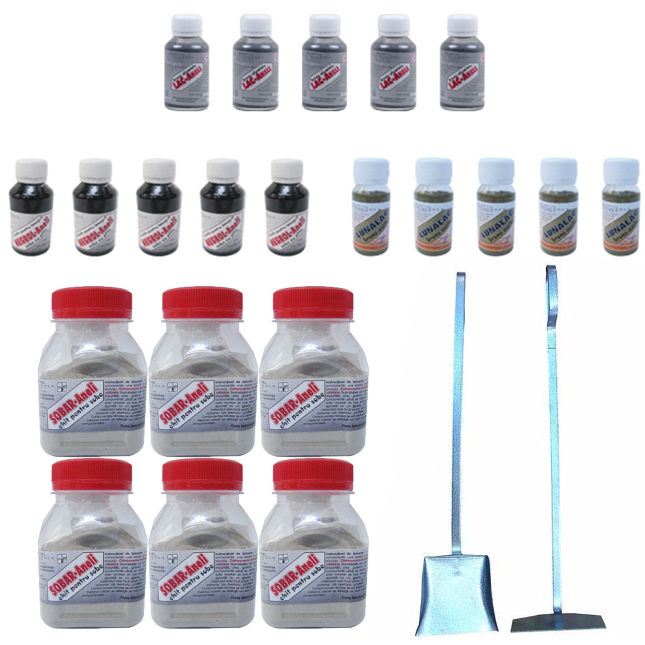 Pachet - 6 x SOBAR-Aneli Chit pentru sobe, 400g + Set vatrai si faras + 5 x Bronz auriu, 50ml + 5 x Negrol Aneli, Solutie pentru inegrit sobe cu plite, 100 ml + 5 x Bronz argintiu, 100ml